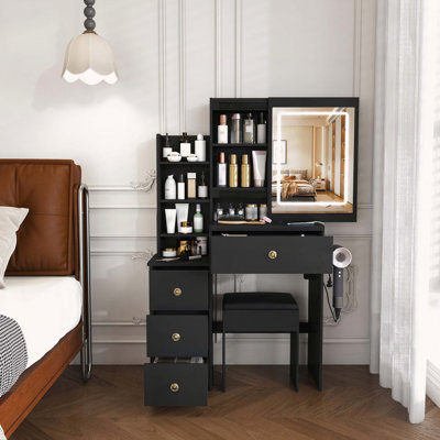 Modern Vanity Desk with LED Lighting, Power Outlet, and Storage