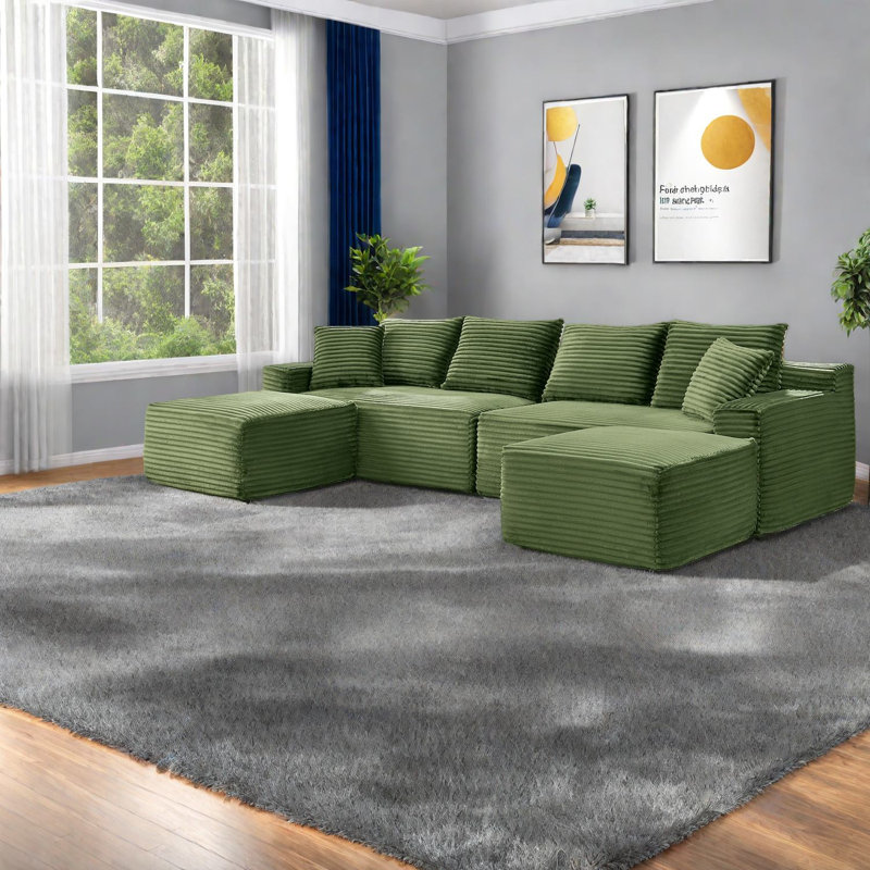 Canapés spacieux en velours côtelé, modulaire vert moderne en forme de U pour le salon