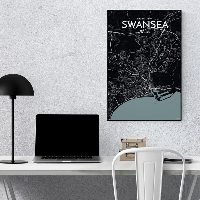 Swansea City Map, impression, H 36 po x l 24 po, Gris/noir