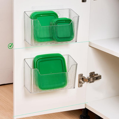 Ensemble de 2 organisateurs de porte d'armoire, organisateur de couvercle auto-adhésif à l'intérieur de boîtes de rangement, bacs de panier suspendus empilables, support de support de douche mural pour cuisine, salle de bain, garde-manger (blanc transparent)