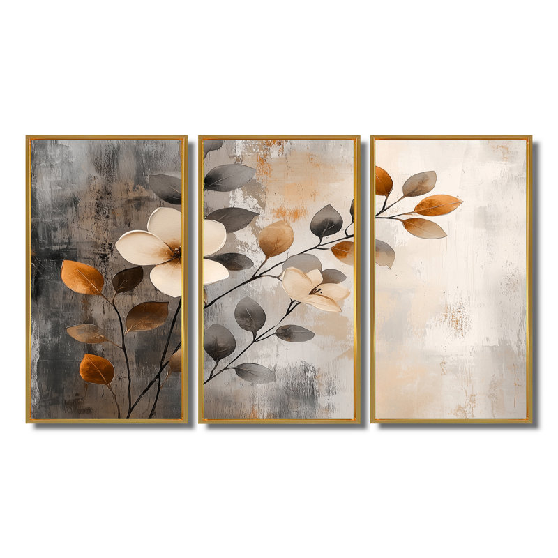 Ensemble de décorations murales fleurs de cerisier orange et gris, Toile avec cadre flottant or, H 32 po x l 48 po x P 1 po