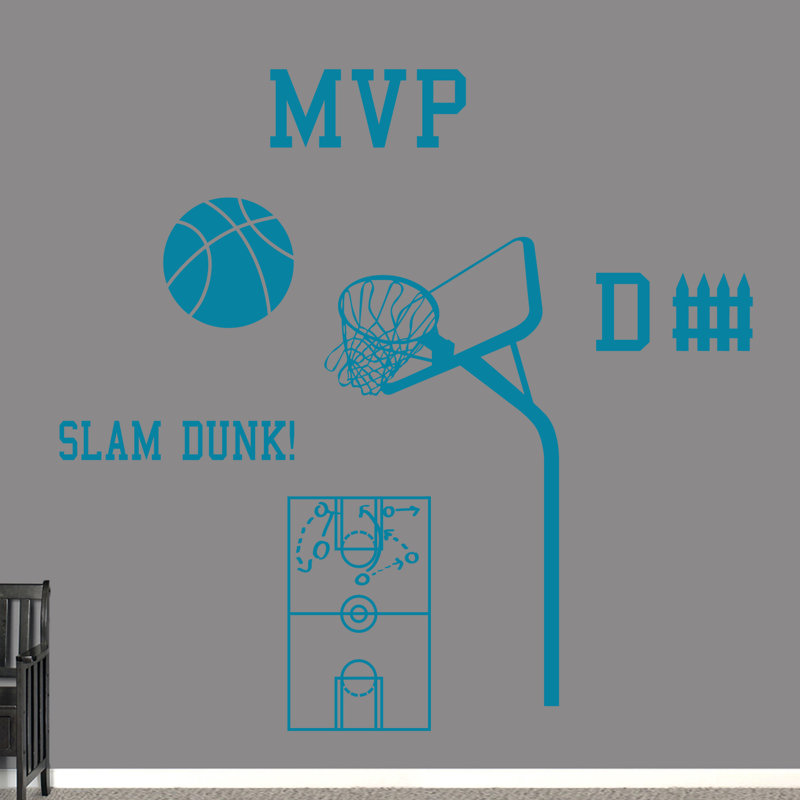 Ensemble de décalcomanie murale basket Haskett, Bleu sarcelle