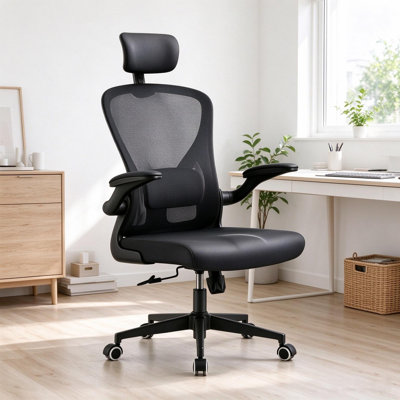 Ergonomic, Breathable Mesh Office Chair with Headrest, Lumbar Support, and Flip-Up Armrests (Classic Black)