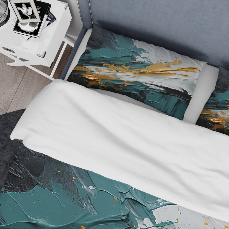 Ensemble de housse de couette à peinture abstraite dorée et verte et marbre blanc VI