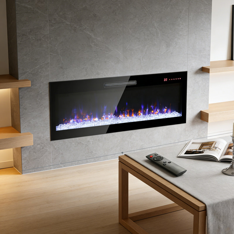 50" Recessed Thin Electric Fireplace - Wall Mounted, Multi-Color Flame & Ember Bed, LED Heater With Remote Control