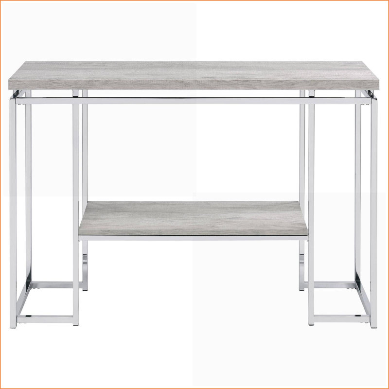 Table basse de salon en chêne naturel et chrome avec rangement ouvert