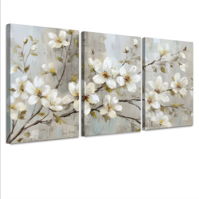 Tableau mural sur toile tendue à motif floral blanc (paquet de 3)