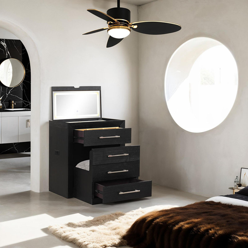 Ensemble de coiffeuse de chevet avec tabouret avec tiroirs de rangement noirs et poignées en nickel style contemporain