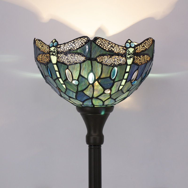 Tiffany Floor Lamp Torchiere Stained Glass Dragonfly Style Torch Lamp 12X12X67 Inch Antique Standing Corner Light, Dark Blue