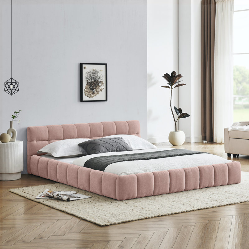 Structure de lit rembourrée avec tissu épais, Grand lit, Rose