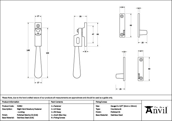 Newbury SS (316) Night-Vent Locking Fastener, Polished Marine SS (316)