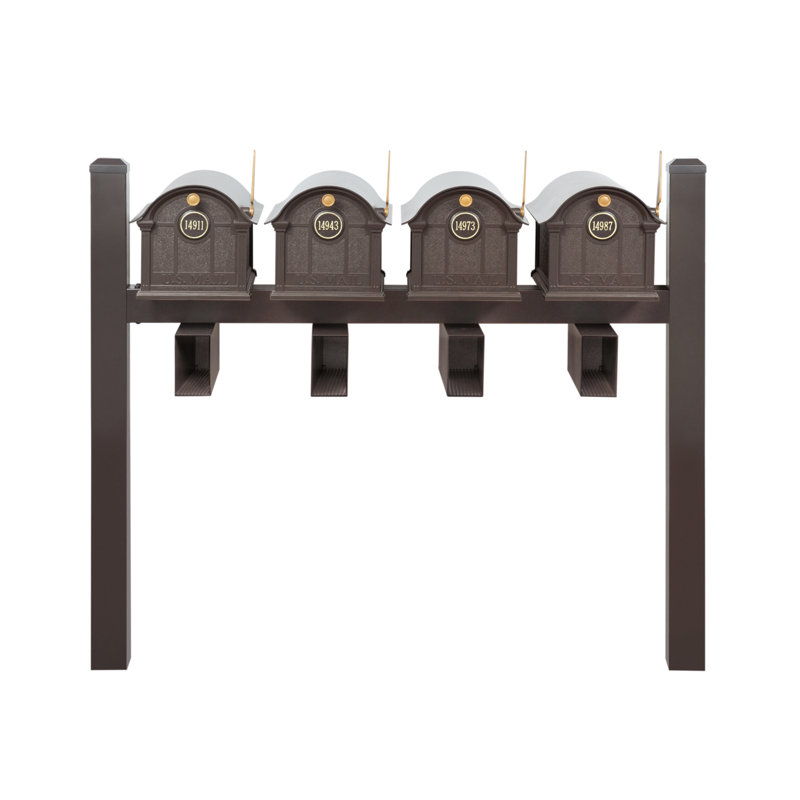 Balmoral Quad Mount Mailbox /w/ Pyramid Caps, Personalized Door Medallion, Newspaper Box (4 Mailboxes, Posts, 4 Newspaper Boxes, 4 Medallions)
