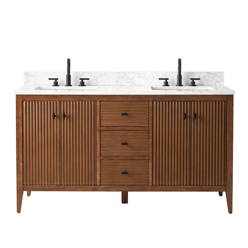 Ensemble de meuble-lavabo autoportant à double cuve 60 po avec plateau en marbre lavabo Lavallon, Noyer linéaire, Noir mat
