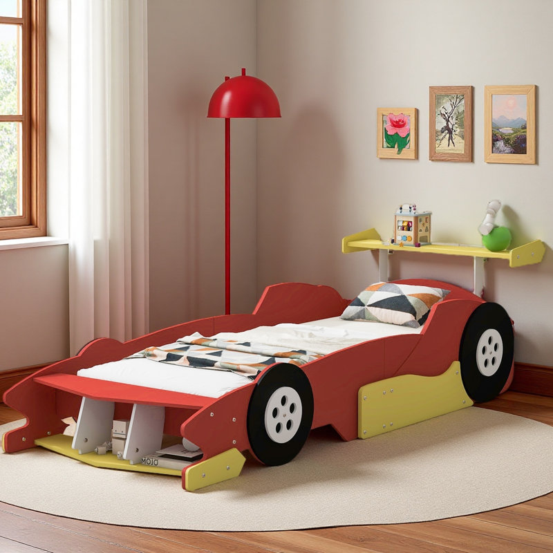 Kids Playful Design Race Car Theme Bed with Safety Guardrails, Twin, Red