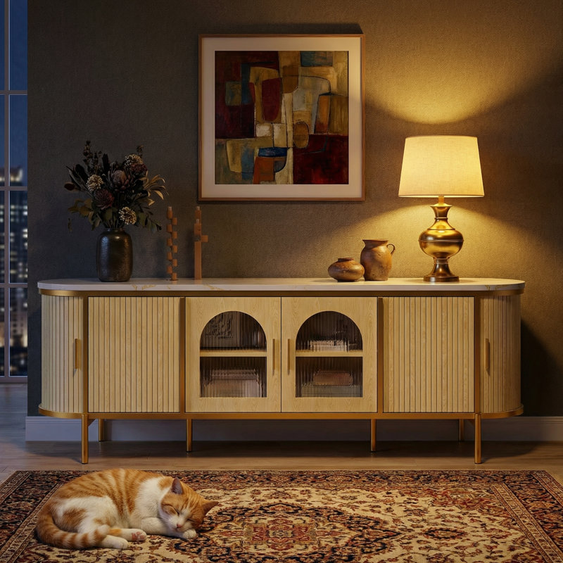 70" Oak Fluted Entertainment Center – Contemporary TV Console With Sliding Reeded Glass Doors, Adjustable Shelving & Large Hidden Storage
