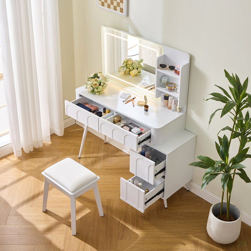 Modern Makeup Vanity Desk With LED Lights & Mirror, 4 Drawer Dressing Table Set With Stool, 3 Colors Dimmable Brightness, Space-Saving For Bedroom