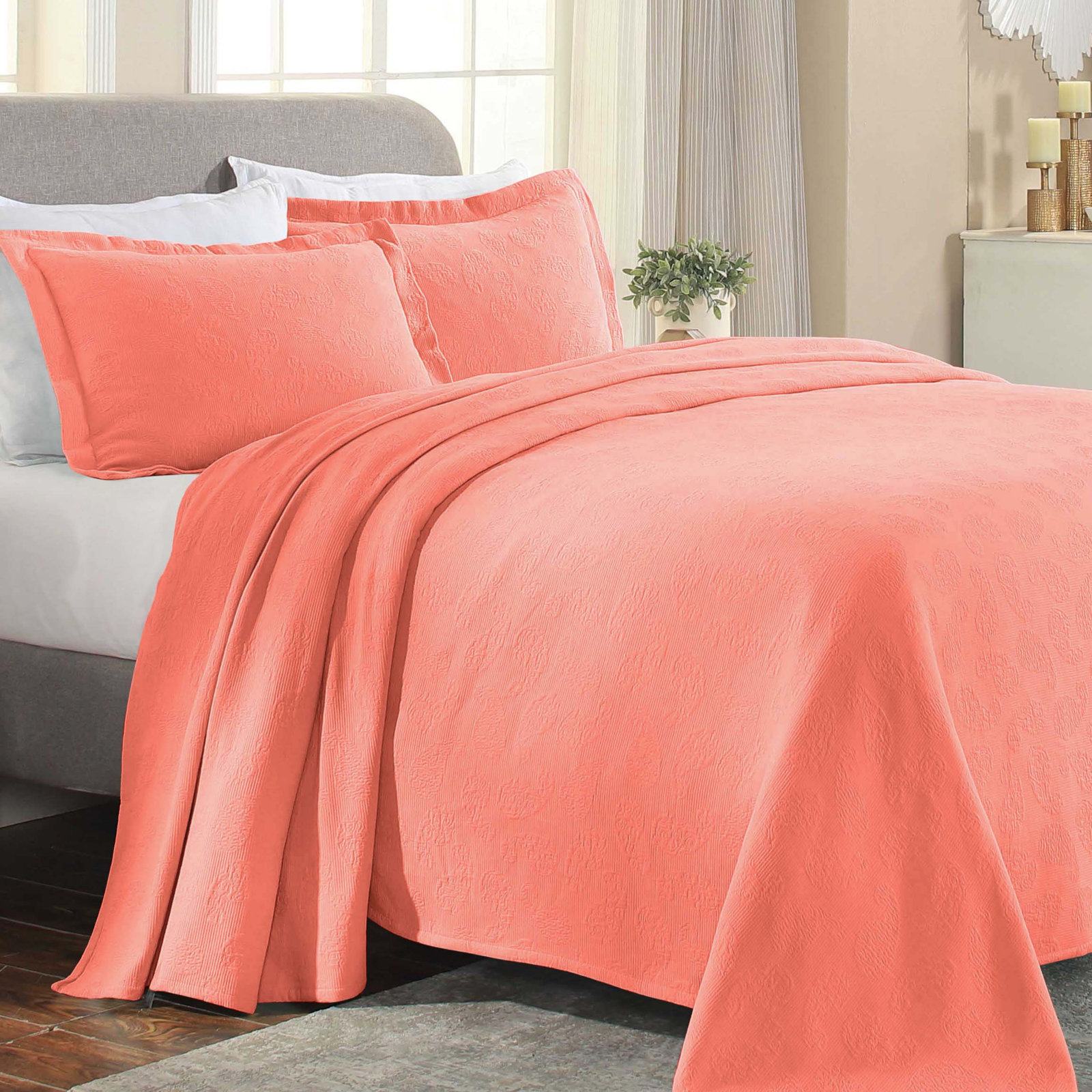 Cotton Bedspread Set, Twin Coverlet + 1 Standard Sham, Coral
