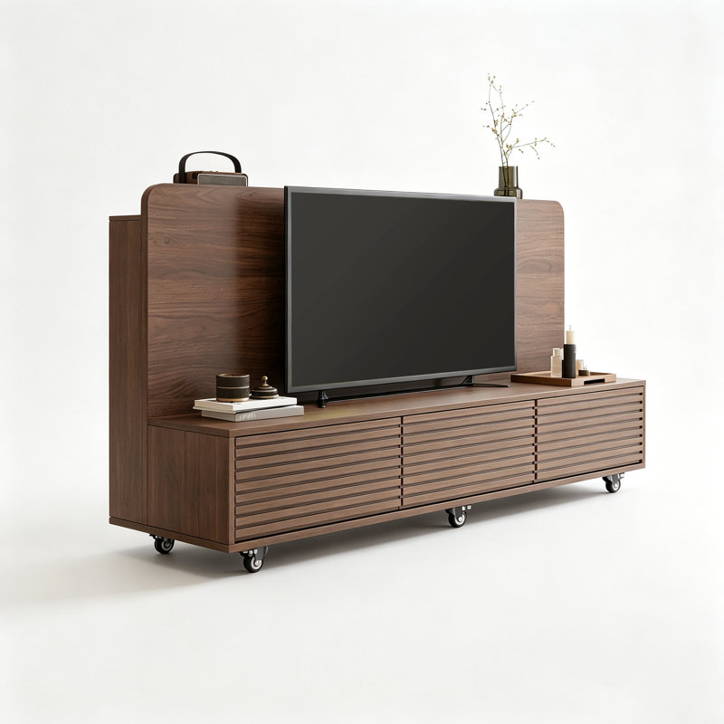 Rolling TV Stand For Tvs Up To 78'' Movable Wooden TV Cabinet With 3 Storage Drawer And Open Shelves