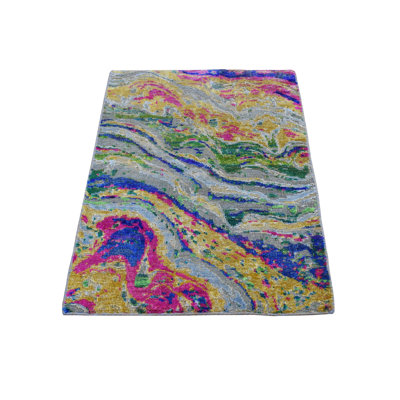 Tapis décoratif de conception unique noué à la main New Age Grey/marine/rose 2 pi x 3 pi