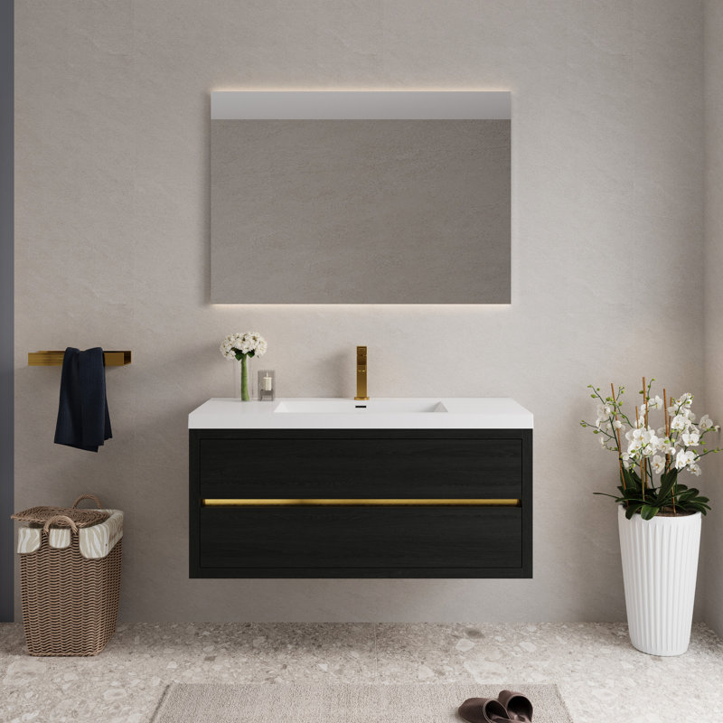 Meuble-lavabo flottant mural de 48 po avec lavabo, comptoir en résine de pierre, bois, tiroirs à fermeture en douceur préassemblés, maximise la capacité de rangement, espace d'utilisation sécuritaire des tiroirs, fonctionnement