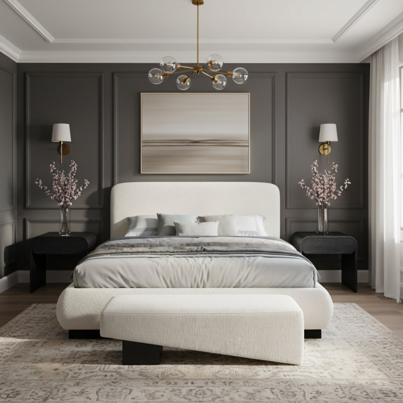 Lit plateforme tapissier Rigby, Très grand, Tissu bouclé crème
