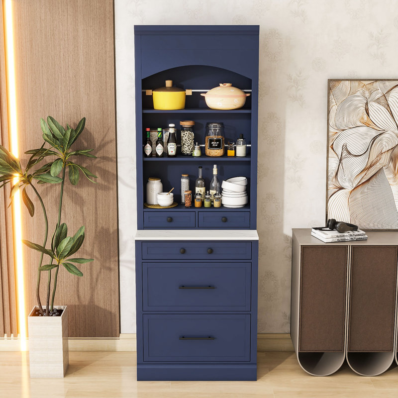 Garde-manger haut avec plateau en faux marbre, tiroirs de rangement et tablettes réglables, Noir, Bleu