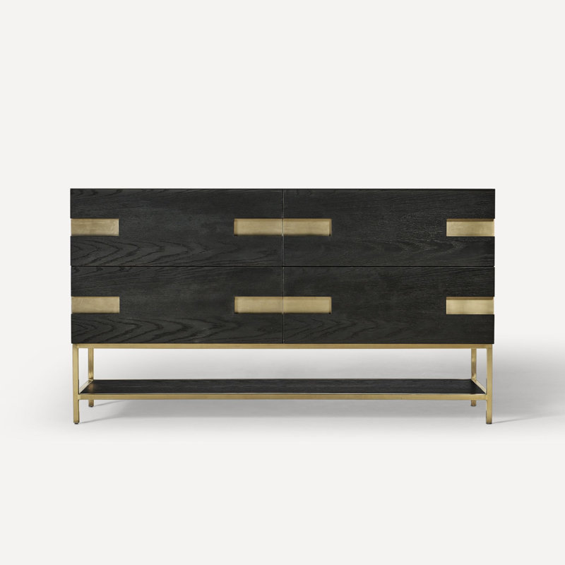 Sendai Vanity And Quartz Stone Vanity Top, Matte Black Oak/Aged Brass