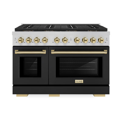 ZLINE Autograph 48 po. Cuisinière à double carburant avec plaque de cuisson DuoPro et portes noires avec accents dorés