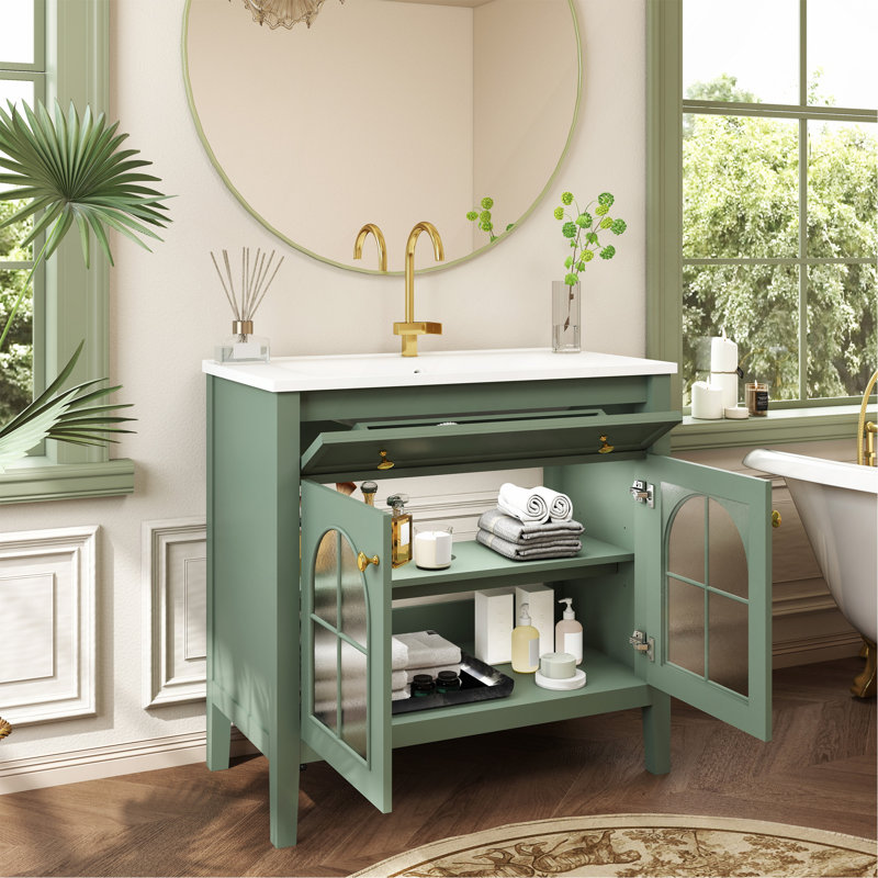 Lavabo de salle de bain 35,6 po Mid-Century avec verre à motif et bande lumineuse à capteur de mouvement, meuble-lavabo sur pied Farmhouse avec rangement, meuble-lavabo haut de gamme pour salle de bain, vert