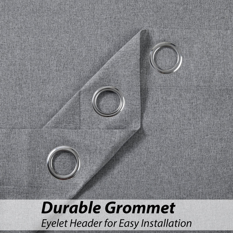 Blackout Linen Eyelet Curtains Set of 2 - Thermal Door & Window Panels, Charcoal, 117cm Width x 137cm Drop