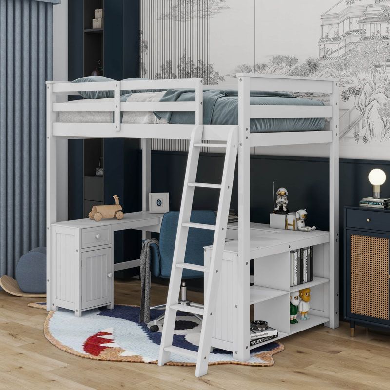 Lit mezzanine double avec bureau en U, tiroirs et tablettes, Blanc