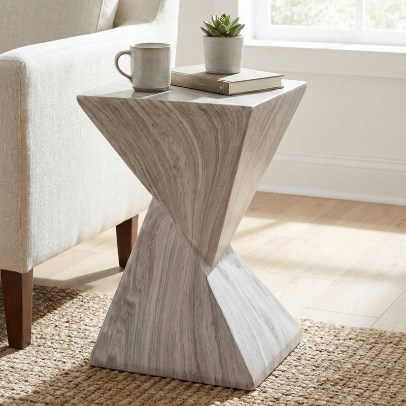 Andree 18.5"H Outdoor Magnesium Oxide Side Table with Sculptural Twist Design, Gray Marble