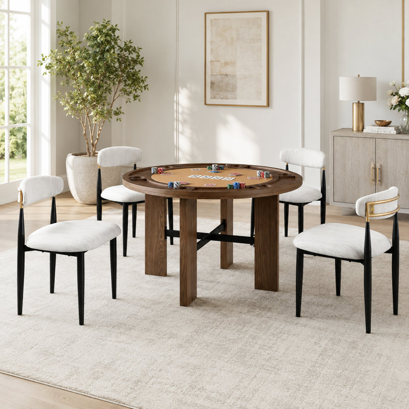 Ensemble de table de salle à manger 5 pièces, table de jeu 48 po avec 4 chaises d'appoint rembourrées, table de poker multifonctionnelle contemporaine avec 6 porte-gobelets