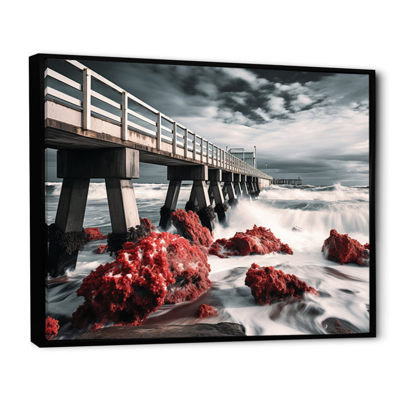 Pier Whispering Waves I sur impression sur toile, Cadre flottant noir, H 12 po x l 20 po x P 1 po