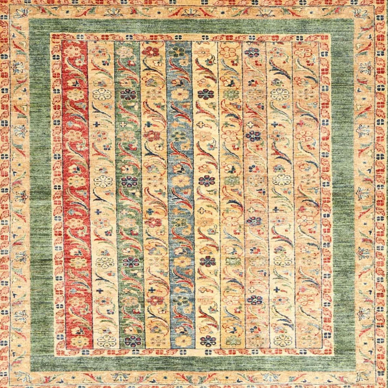 Tapis de zone ivoire/vert léger contemporain, Carré 8 pi