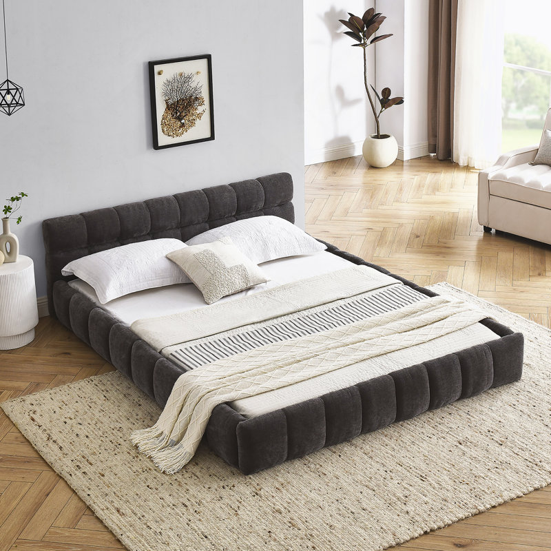 Structure de lit grand rembourré avec tissu épais et tête de lit, Gris foncé