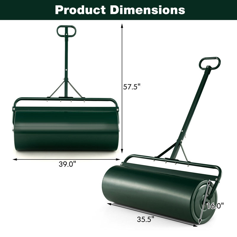 Rouleau de gazon en métal, rempli de sable d'eau 17 gallons, H 58 po x l 39 po x P 16 po, Vert