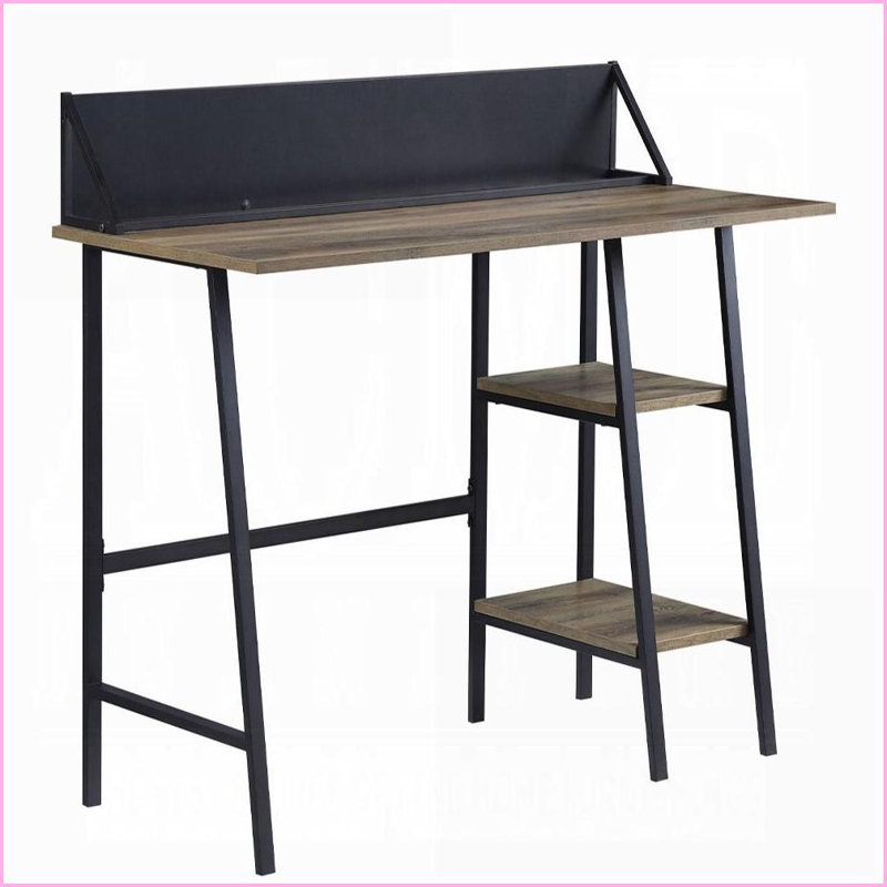 Bureaux, chêne rustique industriel moderne & amp; Bureau d'écriture noir à 2 tablettes avec base en H et amp; Support de téléphone | H 30 po x l 43 po x P 20 po | Chêne, panneau de particules et panneau de fibres à densité moyenne