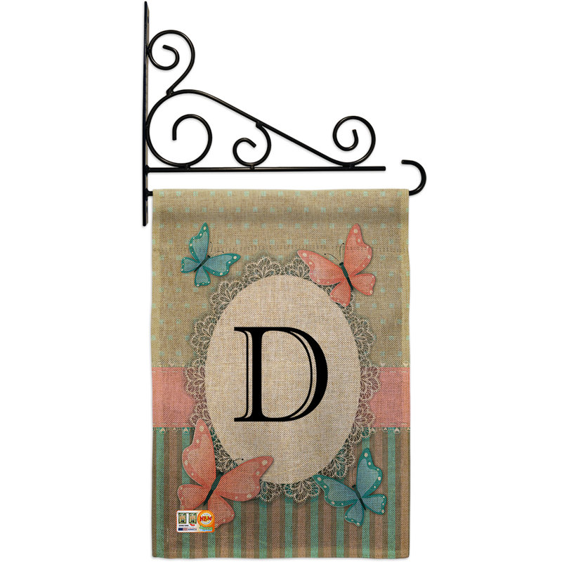 Papillons et initiale 2 côtés en toile jute 19 x 13 po drapeau de jardin, D