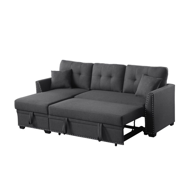 Glenoe Upholstered Pull out Sofa Couch Bed With Storage Chaise, Deep Gray
