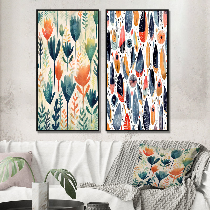 «Teal Coral Scandinave Floral Motif», 2 pièces, Cadre noir, H 32 po x l 32 po