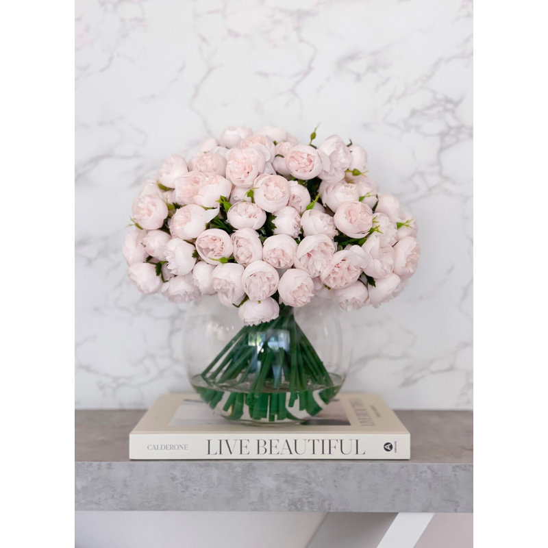 Peony Silk Arrangement In Vase With 189 Small Peonies, Pink
