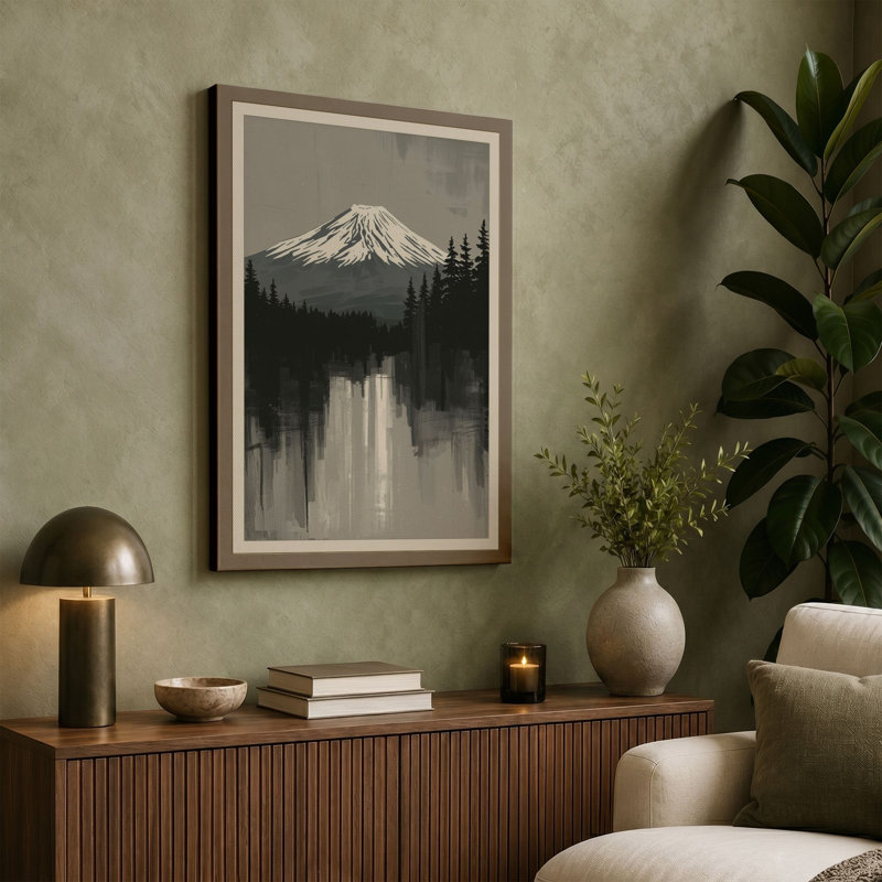Mountain and Reflection Japandi - Wrapped Canvas, 30x20 - 76.2 x 50.8 cm, Terracotta Border