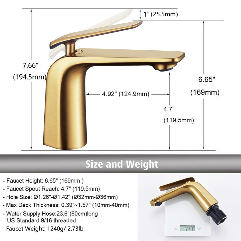 Brushed Gold Bathroom Faucet, Single Hole, Single Lever, Vessel Sink Faucet, Copper, Aerated Stream, 2.2 GPM