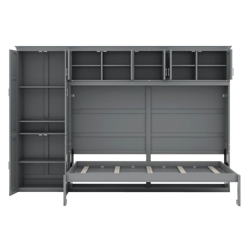 Grand lit escamotable mural avec armoires, lit escamotable horizontal avec rangement, Gris