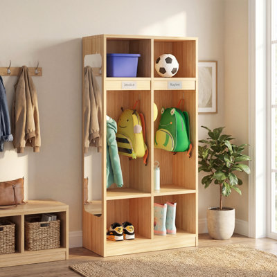 2-Section Classroom Coat Locker with 4 Cubbies and Acrylic Mirror, Daycare Cubbies with 4 Hooks, Kindergarten Lockers for Home, School, Nursery