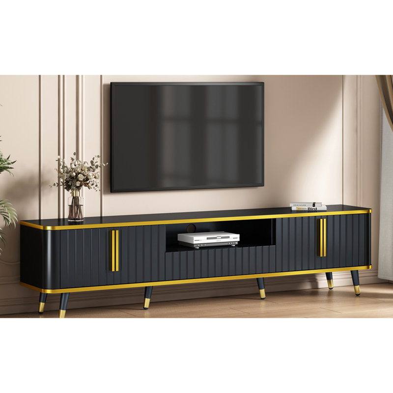Tv Stand With Cabinets & Drawer, Black And Gold, Entertainment Center For Home Use Stylish Console Tvs, Open Storage Shelf, Cabinets, Golden Look