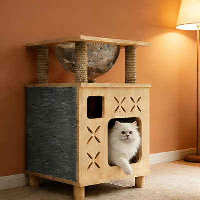 Multi-functional All-in-one Solid Wood Cat Condo