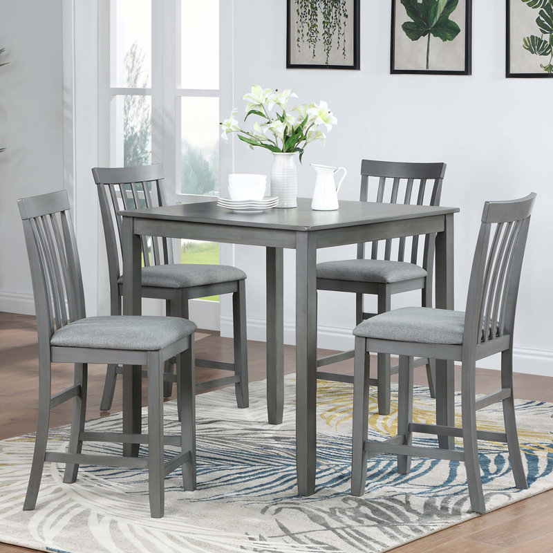 5 Piece Dining Table Set, Wooden Dining Square Table Set for 4, Counter Height Kitchen Table Set with Square Table and 4 Upholstered Chairs for Small Space, Grey