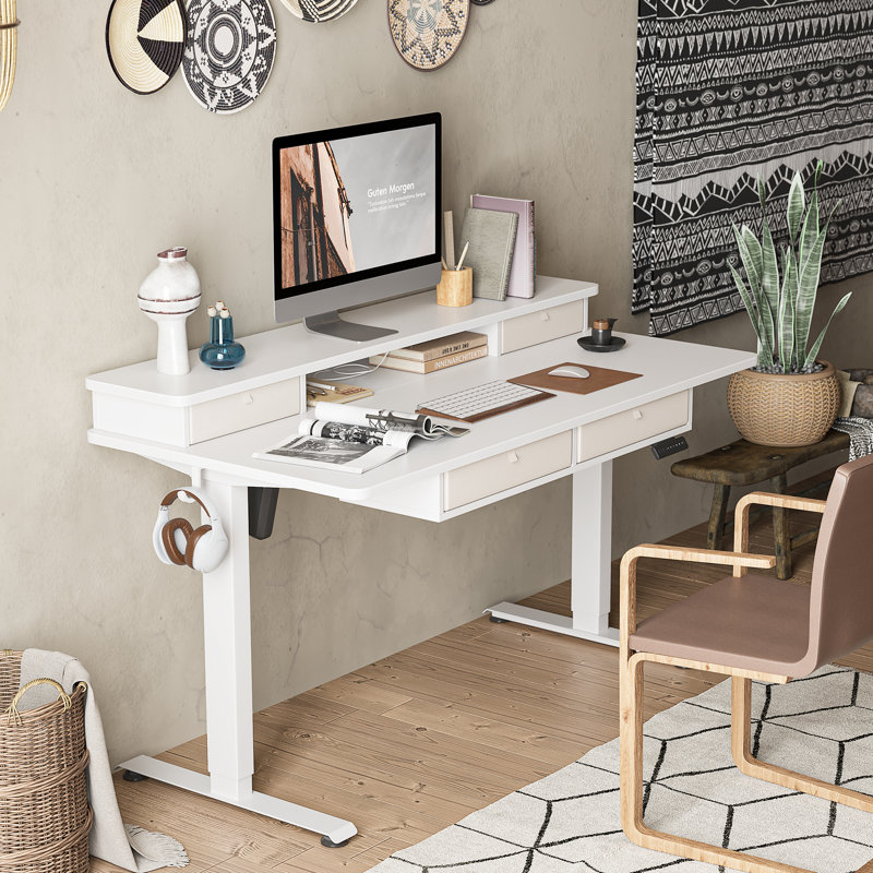 Basil Height Adjustable Standing Desk With Drawers, White, 47.3" H x 63" W x 24" D